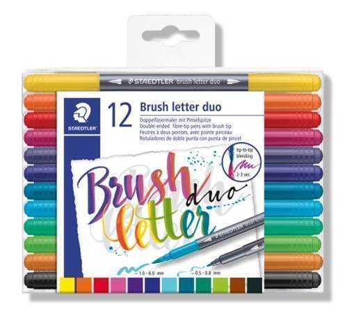 Štětcové fixy "Brush letter Duo", sada, 12 barev, 0,5-0,8/1,0-6,0 mm, oboustranné, STAEDTLER, set 12 ks - 3004 TB12