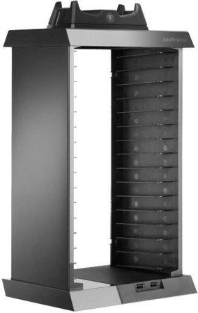 SnakeByte PS4 CHARGE:TOWER PRO BLACK - minikabinet pro 15 disků, 2 USnakeByte porty,  nabíjení pro 2 ovladače,  LED indi - SB910364