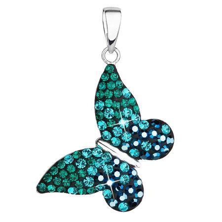 Stříbrný přívěsek s krystaly Swarovski zelený motýl 34192.3, zelená, metalic, blue,, emerald,, blue, zircon,jet