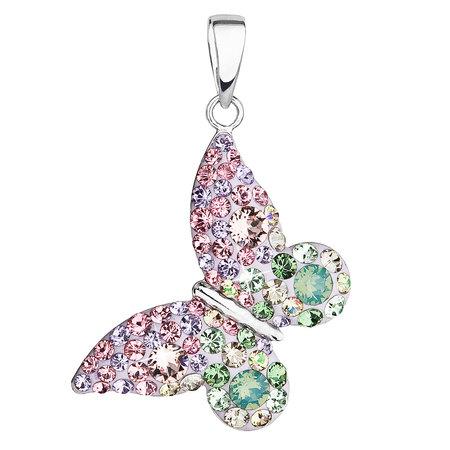 Stříbrný přívěsek s krystaly Swarovski mix barev motýl 34192.3 sakura, fialová,růžová,zelená,mix, shade,, luminous, green,, erinite,, vintage, rose,, silver,,, chrysolit