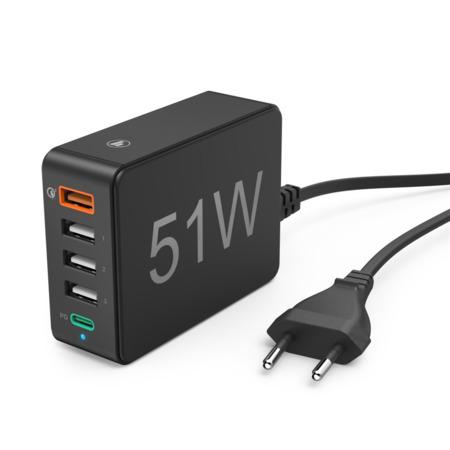Hama rychlá stolní USB nabíječka, 4x USB-A, 1x USB-C, PD/QC, 51 W