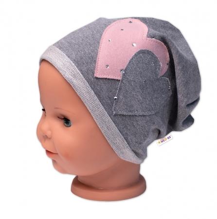 Dětská čepice bavlna, Srdíčka s kamínky, Baby Nellys, šedá 92-98 (18-36m) - 15613602
