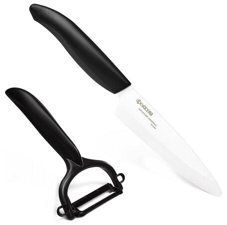 KYOCERA keramický nůž na ovoce a zeleninu s bílou čepelí 11 cm, černá rukojeť + škrabka na ovoce a zeleninu - FK110CP10NBK