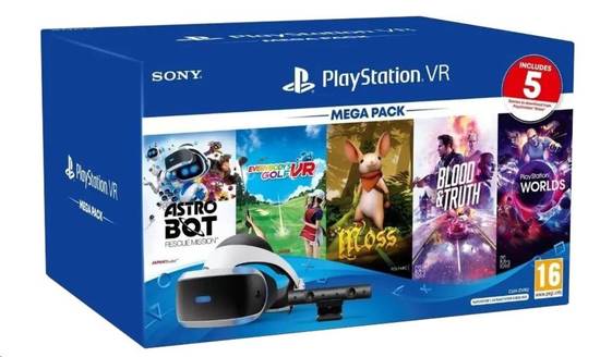 Brýle pro virtuální realitu Sony PlayStation VR + kamera + NEW! PlayStation Camera adaptor (Naboo) + 5 her (VR Worlds, NEW! Moss, NEW! Blood & Truth, Everybodys Golf,  Astrobot)