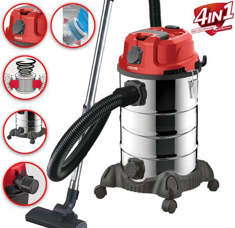 4v1 průmyslový vysavač DMS - 30l, 1800W, červený | mokré a suché vysávání | dmýchadlo | vysávání horkého popela (Bazar)