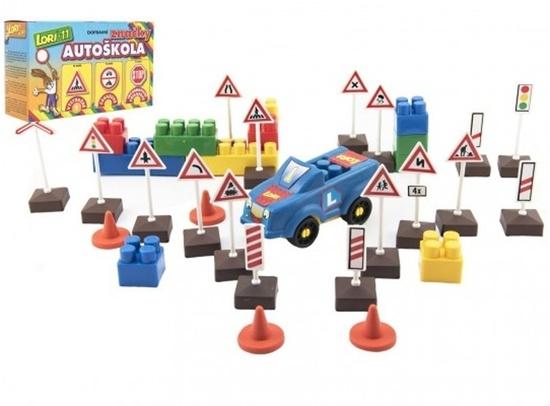 Stavebnice LORI 11 Autoškola Dopravní značky 16ks+2 kužely+auto plast v krabici - LO11LOR