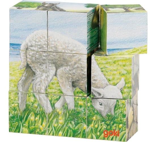 GOKI Dřevěné kostky Zvířátka ze statku, 9 kostek - 57607