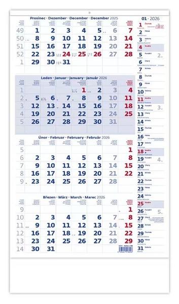 Čtyřměsíční kalendář modrý s poznámkami - nástěnný kalendář