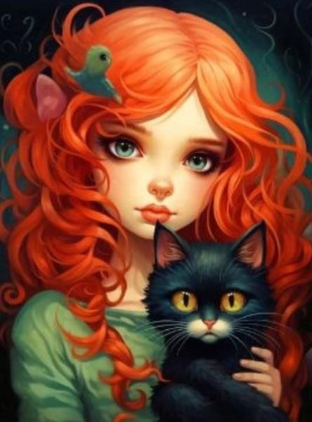 Diamantové malování Rusovláska s černou kočkou